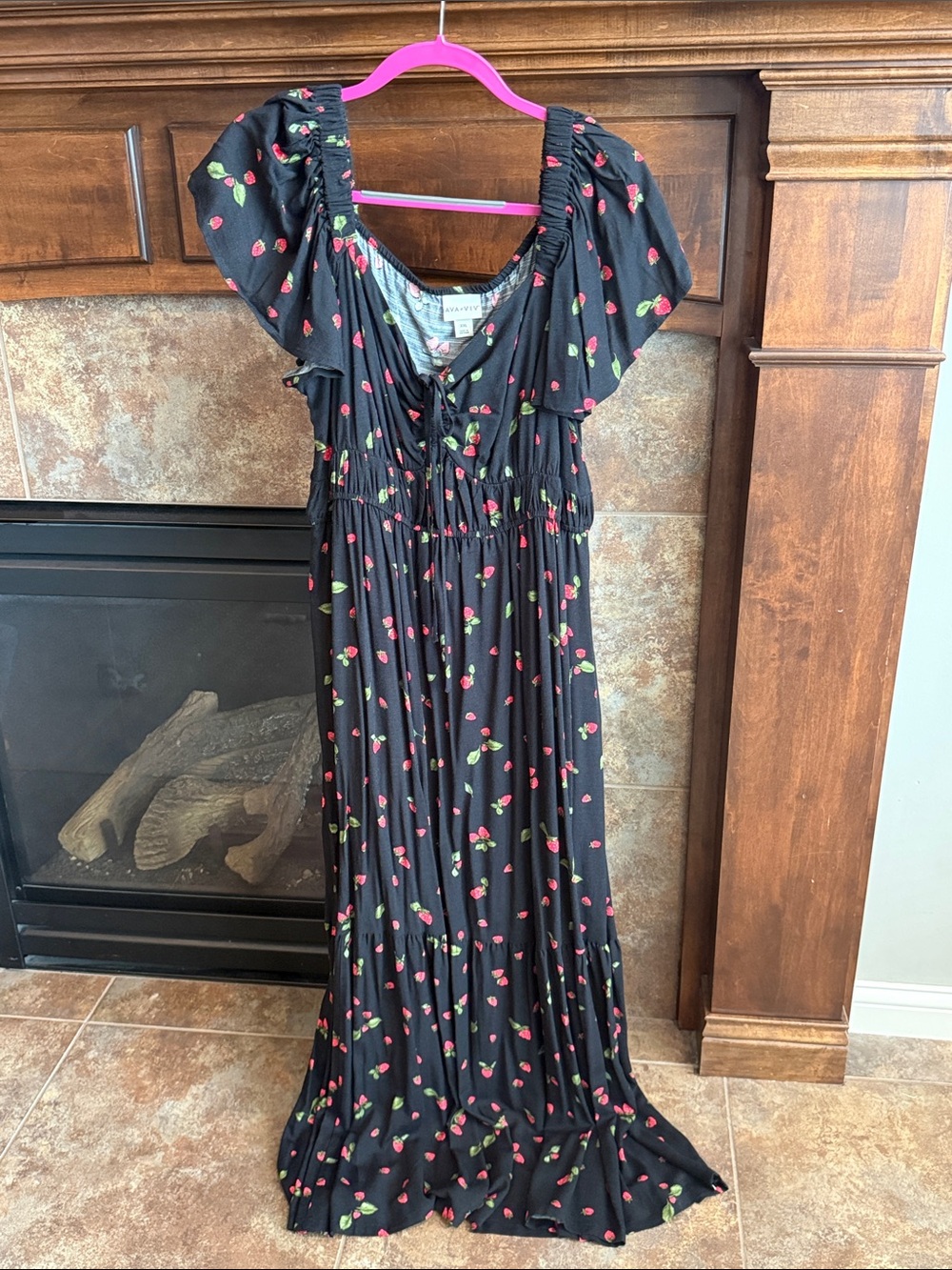 Black Maxi Dress  Red Cherry Print Pinup retro flattering cottagecore XXL